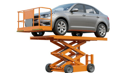 Isolated Silver Car on Hydraulic Lift Platform