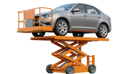 Isolated Silver Car on Hydraulic Lift Platform