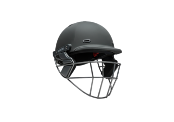 Black cricket helmet on a transparent background, showcasing protective gear for sports