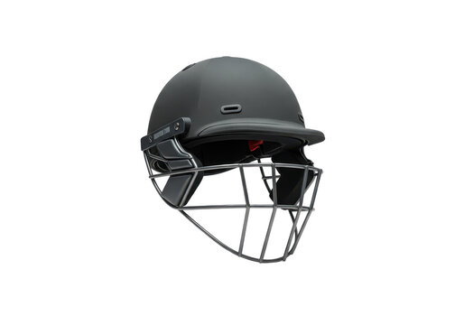 Black cricket helmet on a transparent background, showcasing protective gear for sports