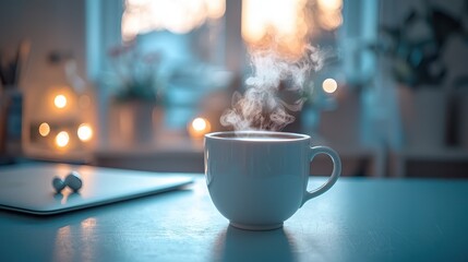 Warm cup of coffee steaming on a desk in front of a laptop in a cozy home office.