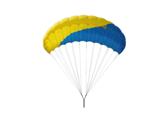 Colorful parachute descending against a clear sky, symbolizing adventure and freedom
