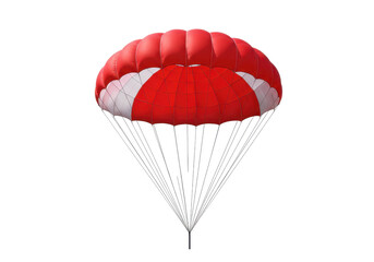 Vibrant red and white parachute descending against a clear sky backdrop