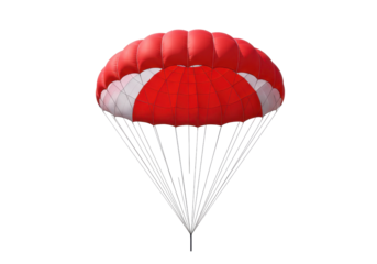 Vibrant red and white parachute descending against a clear sky backdrop