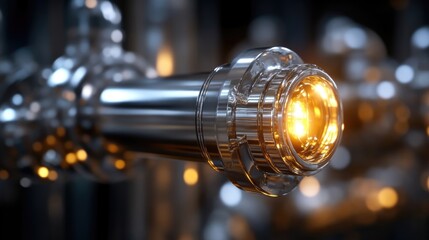 Close-up view of a metallic tube assembly with glowing components.  Complex industrial machinery part