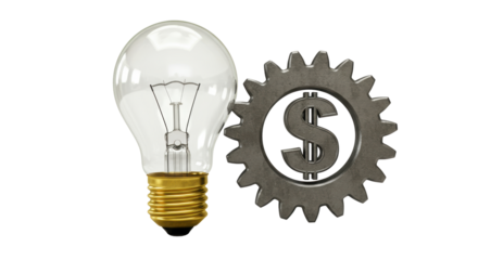 Isolated Light Bulb and Gear with Dollar Sign Representing Idea Monetization