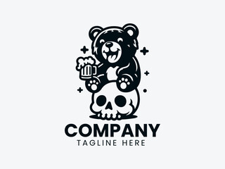 Cheerful Bear Skull Beer Mug Logo, Cartoon Bear Skull Beer Logo