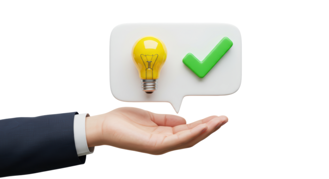 Isolated Hand Holding Speech Bubble with Light Bulb and Checkmark Representing Idea Validation