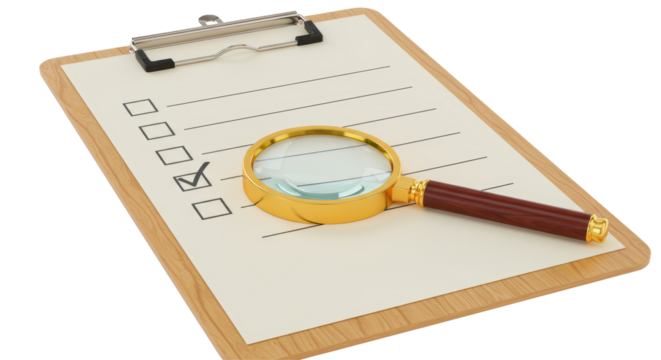 Isolated Checklist on Clipboard with Magnifying Glass Showing Detailed Review