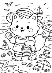 A fluffy kitten walks along the beach and collects seashells in a basket. Black and white coloring page for kids.