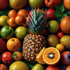 A vibrant mix of tropical fruits arranged artfully in a natural setting.