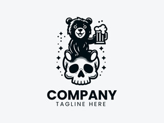 Cheerful Bear Skull Beer Mug Logo, Cartoon Bear Skull Beer Logo