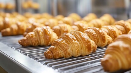 Croissants glide along a cooling conveyor in a bakery production facility, showcasing their golden layers while warm aromas fill the air, inviting all who pass by