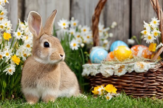 Ein Hase neben einem Korb mit bunten Ostereiern 