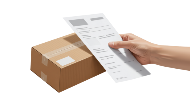 Isolated Hand Holding Document Over Cardboard Box for Delivery Confirmation