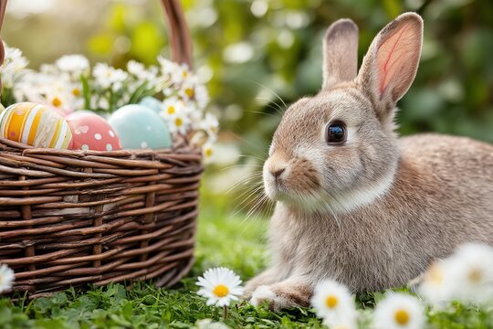 Ein Hase neben einem Korb mit bunten Ostereiern 
