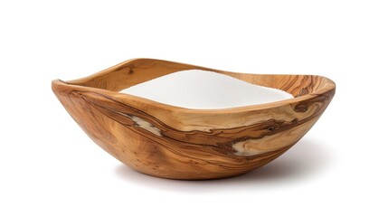 Obraz premium White sugar in a wooden bowl is isolated on a white background. The simple and clean scene shows the natural color and texture of the sugar and the bowl.