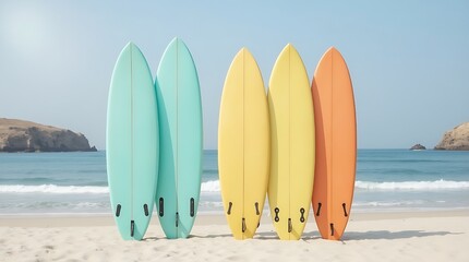 colorful surfboards standing upright on a pristine,surfboards stand proudly on a sun-kissed beach, with the ocean waves and rocky cliffs forming a stunning coastal backdrop