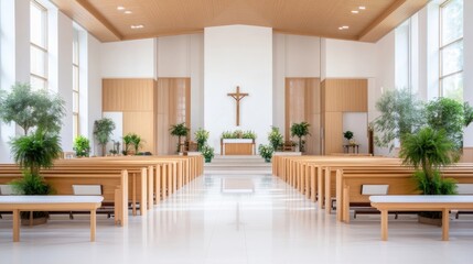Fototapeta premium Modern Church Sanctuary Empty Pews Brightly Lit High-Resolution Wide Shot, Light Wood Textures Peaceful Contemplation, Minimalist Altar Background, Calm Neutral Tones, Perfect for Religious Websites