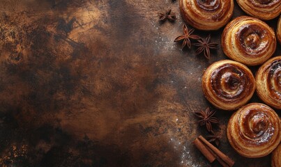 Glazed cinnamon rolls on a rustic brown background.