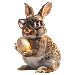 Obraz premium Adorable brown rabbit wearing stylish sunglasses, holding speckled Easter egg in paws isolated on white transparent background. Easter holiday, festive celebration