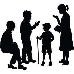 Silhouette Illustration Of Diverse People Talking And Communicating Together In A Crowd..