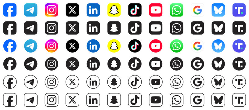 social media icon set or social network logos , whatsapp, telegram, x, youtube, truth social, snapchat, tiktok, snapchat, linkedin, google, bluesky, facebook, instagram, vector icons