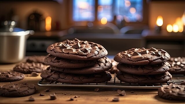 Freshly baked chocolate chip cookies cooling on a wire rack with a warm