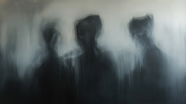 Abstract blurry image of three dark figures, ethereal and mysterious, with a hazy, dreamlike quality.