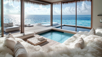 Fototapeta na wymiar modern living room with an all-glass wall and floor, looking out to the ocean in a beautiful island life view. There is a jacuzzi on one side of the house