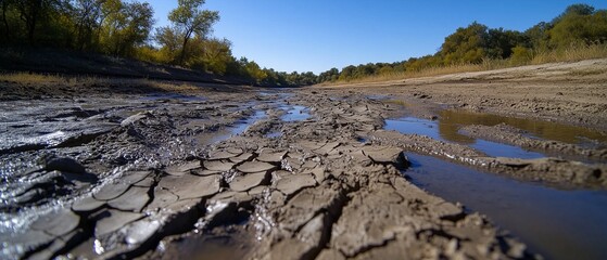 A close-up of a dry riverbed, with cracked mud and no water in sight.