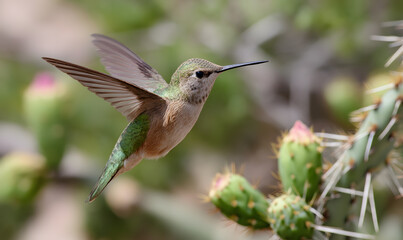 Obraz premium beautiful hummingbird flying next to a new mexico desert cactus, Generative AI