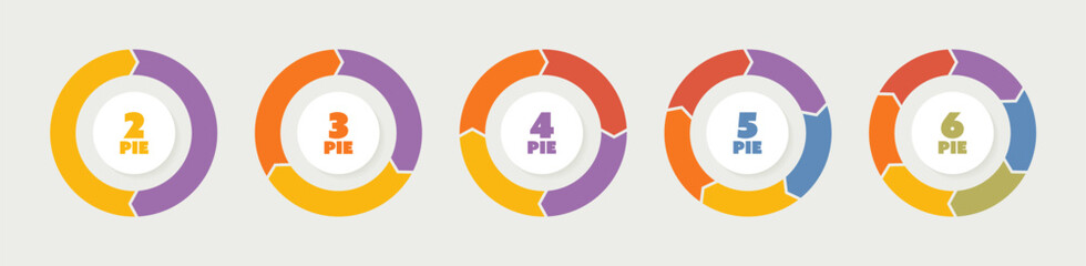 Collection of colourful circle diagrams designs for infographic, business or presentation. Pie chart set with sections or steps from 2 to 6. Vector illustration