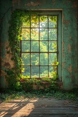 Fototapeta premium Abandoned room with a vintage window framed by ivy, sunlight streaming in