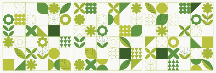 Collection of minimalist natural geometric pattern composed of various leaves, flowers, circles, triangles and rectangles on a grid background. Ideal for cover, packaging, branding or textile prints 