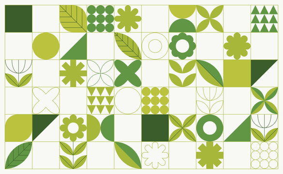 Minimalist natural geometric pattern composed of various leaves, flowers, circles, triangles and rectangles on a grid background. Ideal for cover, wallpaper, packaging, branding or textile prints 
