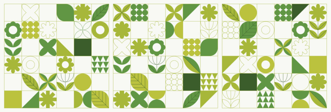 Collection of minimalist natural geometric pattern composed of various leaves, flowers, circles, triangles and rectangles on a grid background. Ideal for cover, packaging, branding or textile prints 