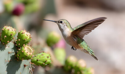 Fototapeta premium beautiful hummingbird flying next to a new mexico desert cactus, Generative AI