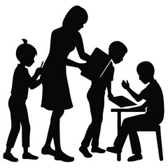 Teacher Helping Students With Homework Silhouette Illustration In Black And White background.