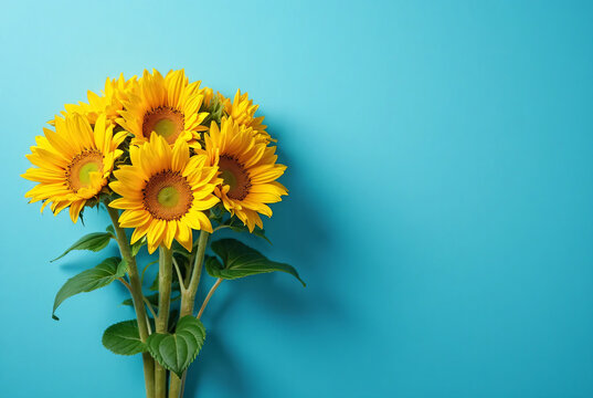 A bouquet of sunflowers on a bright blue background. Father's Day image. Expressing gratitude.
