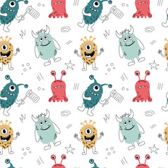 Fototapeta premium Seamless pattern with colorful cute hand drawn monsters. Doodle aliens. Perfect for kids textile, wrapping paper. Vector