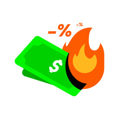 illustration of a burning dollar bill with a minus percent symbol. concept of financial loss, inflation, economic crisis, devaluation of currency, or failed investment