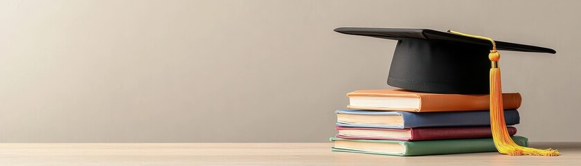 Graduation Cap and Colorful Books on Wooden Table Ready for Academic Celebration and Success