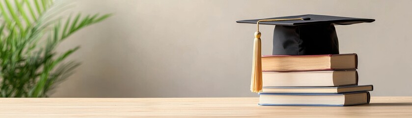 Graduation Cap Resting on Stack of Books in Brightly Lit Study Room Setting