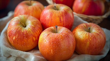 bag filled with apples placed on top oflinen cloth, taken from above 