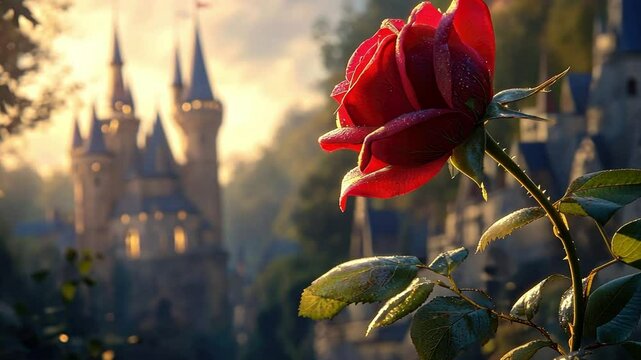 Stunning Red Rose with Castle Background in Fairy Tale Landscape, Beautiful Nature Scene with Enchantment and Charm, Perfect for Romantic Themes