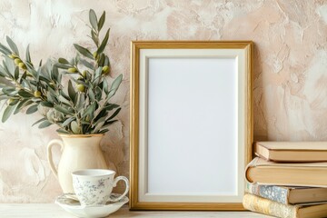 Frame Mockup with Olive Branch Tea Cup and Books Still Life