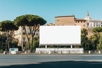 Blank Billboard in Rome Streetscape with Architectural Landmarks and Pine Trees