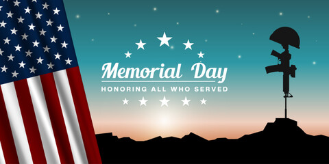 May 26th Is Memorial Day. American flag, sky, sun, gun and helmet. Great for posters, banners, social media and more. Sky background.