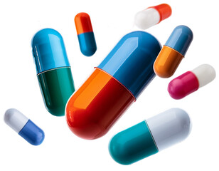 Medicine capsules floating in the air, isolated on transparent background